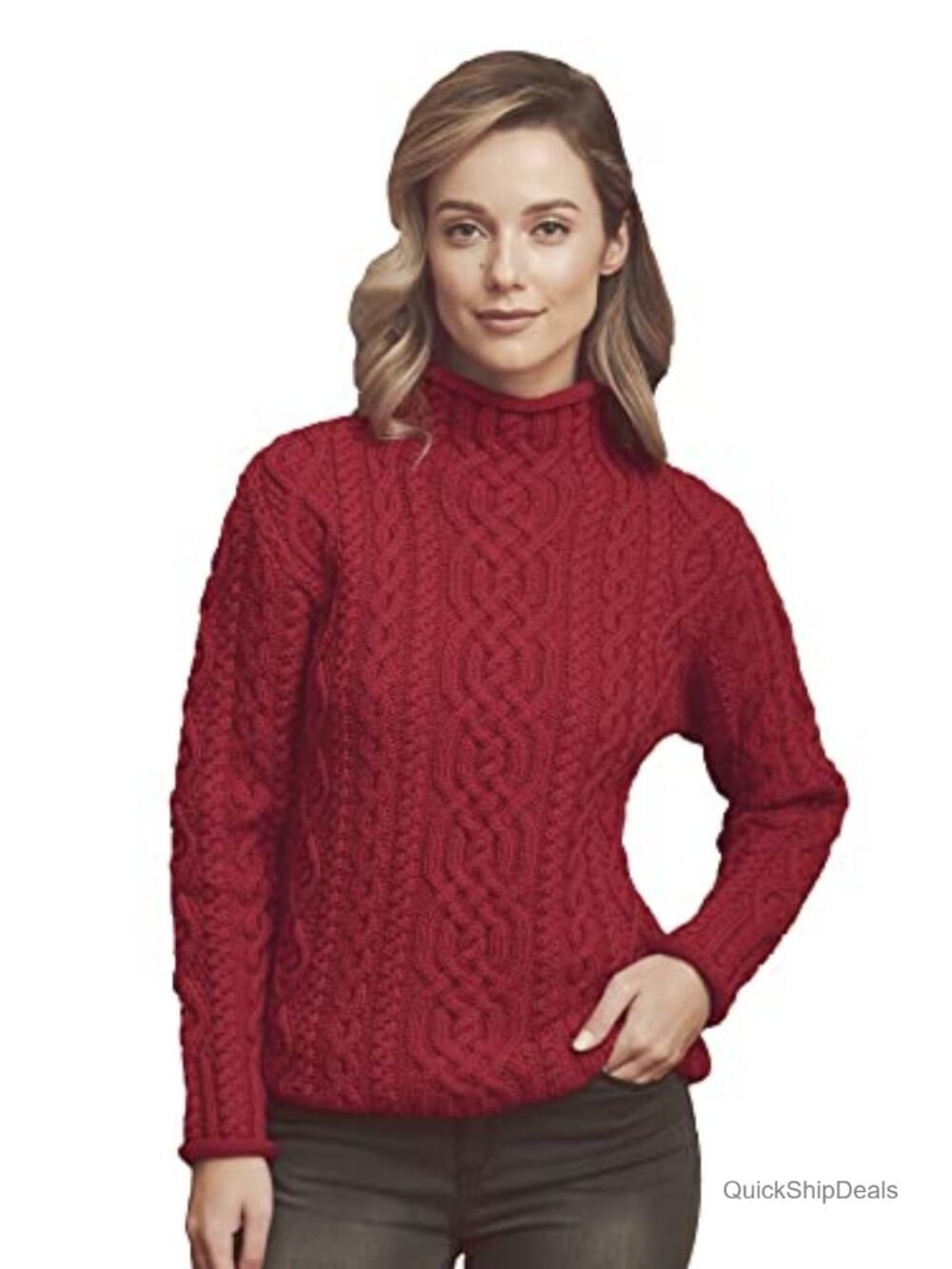 100% Merino Wool Cable Knit Funnel Neck Pullover Sweater